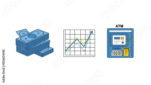Financial concepts illustration with wallet bank and money bag icons