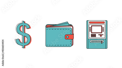 Financial concepts illustration with wallet bank and money bag icons