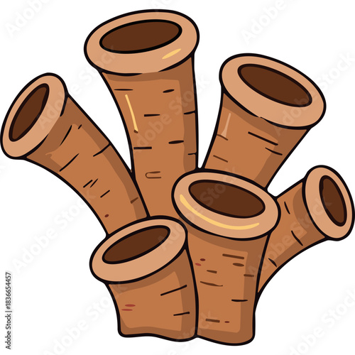 Cluster Of Brown Pipe Organ Corals Isolated On Black Background Simple Illustration Detailed Cartoon Style