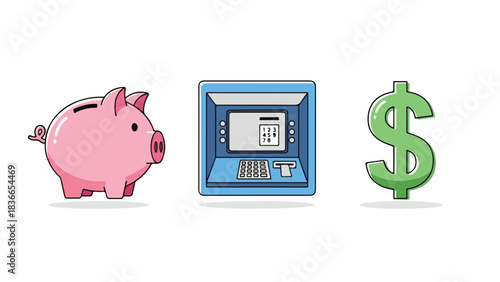 Financial concepts illustration with wallet bank and money bag icons