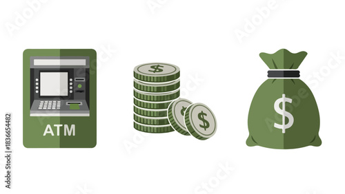 Financial concepts illustration with wallet bank and money bag icons