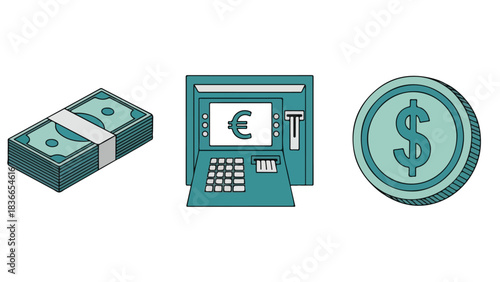 Financial concepts illustration with wallet bank and money bag icons