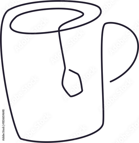 Minimalist one line drawing of a tea cup with a tea bag.