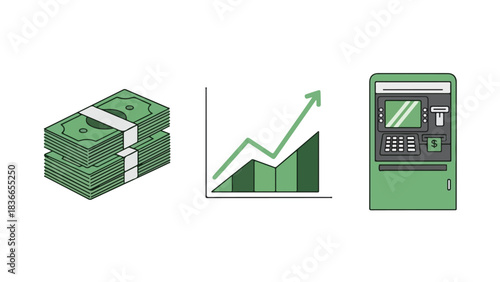 Financial concepts illustration with wallet bank and money bag icons