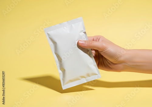 Hand holding blank white packaging sachet on bright yellow background
