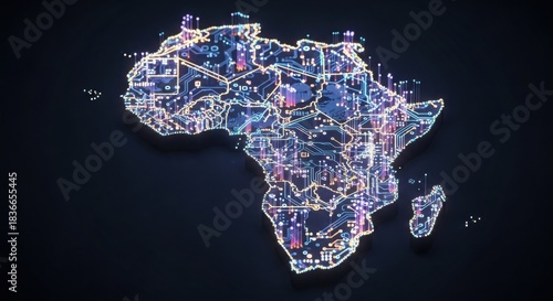 3D Isometric Render of Africa as Glowing Circuit Board and Digital Network