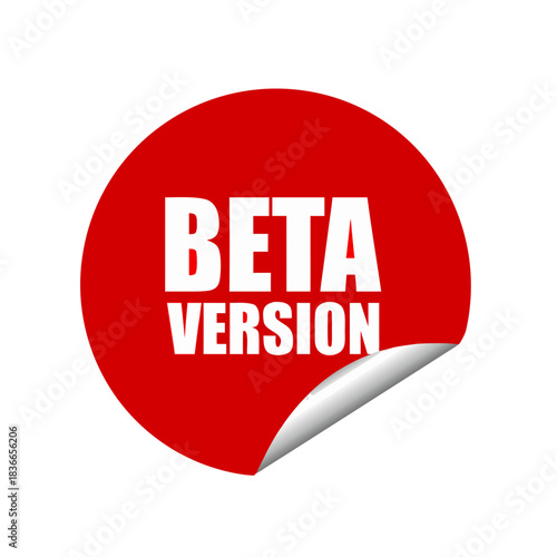 Red Circular Badge With Beta Version Text In White Overlapping A White Crescent Shape On A Black Background Minimalist Flat Vector Art With Peeling Sticker Effect
