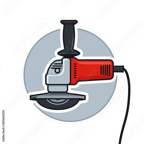 Red And Silver Angle Grinder Tool With Black Cord On A Gray Circular Background Sticker Style Flat Vector Art