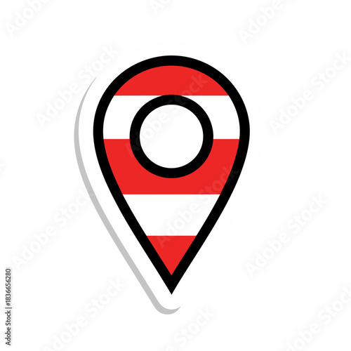 Red and white striped location pin icon with black outline and white border on a black background minimalist vector art sticker style Free Download Red and white striped location pin icon with black outline and white border on a black background minimalist vector art sticker style - GFXLoad