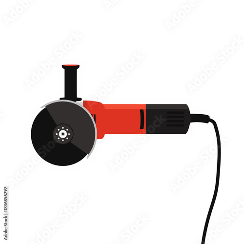 Red Angle Grinder Tool With Black Disc And Cord In Minimalist Sticker Style On White Background