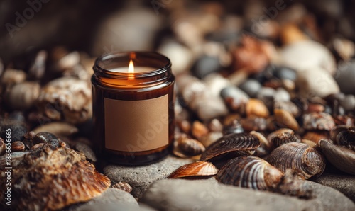 A candle in a glass jar on a rocky surface