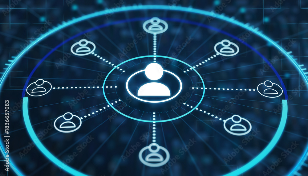 Fototapeta premium Digital Network Connection: An eye-level, close-up captures a stylized depiction of a interconnected network, highlighting communication and data exchange within a cybernetic framework.