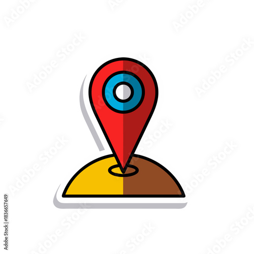 Red Map Pin Marker On Abstract Terrain With Blue Circle Detail Minimalist Vector Art Sticker Style Flat Design