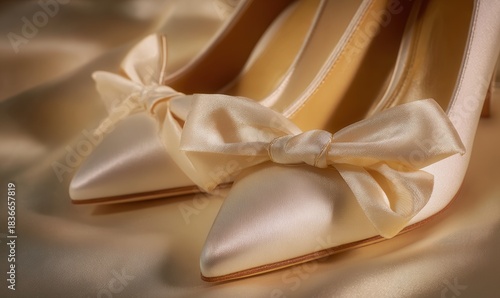 Two white shoes with bows on them