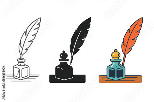 Vintage Ink Bottle. Vintage glass ink bottle with feather quill and ornate stopper on wooden desk, first in line style with thin