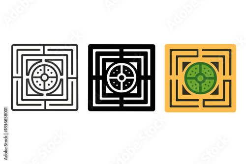 Colorful Maze Designs. Top-down view of symmetrical maze with nested smaller garden circuits, first in line style with thin