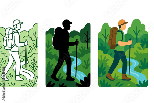 Hiker in Greenery Silhouette. Silhouette of hiker immersed in greenery with flowing stream nearby, first in line style with thin