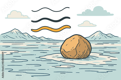 Erratic Icefield Artistry. Scenic view of lone erratic on icefield with floating poetic lines in air, first in line style with