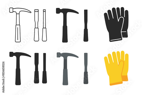 Rock Hammer Styles. Rock hammer, chisels, protective gloves, first in line style with thin outline, second in solid style filled