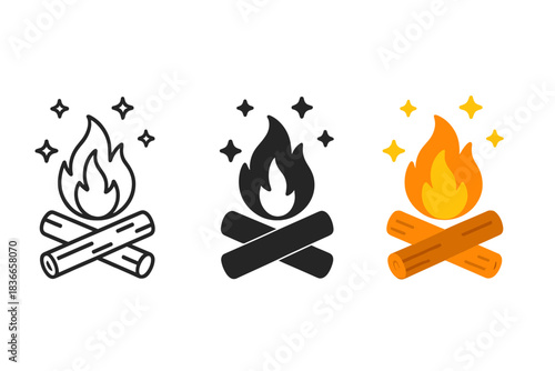 Bonfire Under Starry Sky. Bonfire, pair of logs, starry night sky, first in line style with thin outline, second in solid style