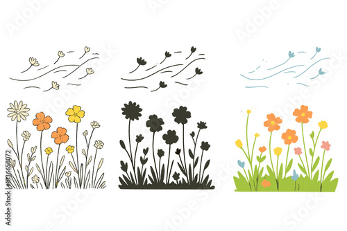 Artistic Wildflower Field. Wildflower field, drifting fluff, breeze lines, first in line style with thin outline, second in solid