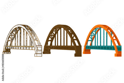 Bridge Styles Exploration. Arch bridge, rusted joints, worn-out paint flakes, first in line style with thin outline, second in