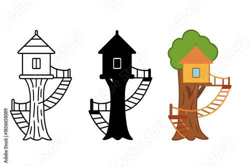 Suspended Tree Habitat. Tree trunk, suspended habitat, hanging walkways, first in line style with thin outline, second in solid