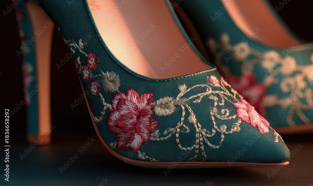 Obraz premium A pair of green shoes with flowers embroidered on them