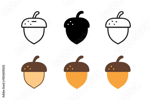 Stylized Acorn Icons. Acorn with hollowed cap and small decorative details, clean geometric minimal icon, first in line style with