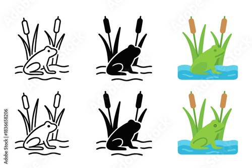 Cattail Marsh Frog Silhouette. Cattail marsh with frog silhouette and gentle water surface, minimal vector design, first in line