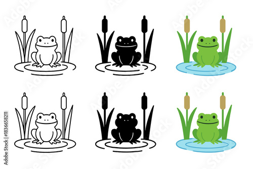 Abstract Marsh Frog. Marsh frog among tall cattail plants with subtle ripples in water, abstract minimal vector design, first in