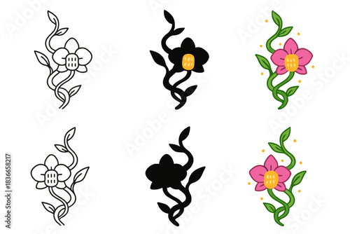 Orchid Vine Data. Twisted orchid vine with luminous parasitic growth storing digital data, abstract minimal vector design, first