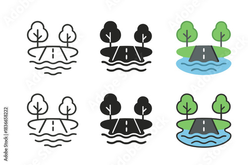 Geometric Road Illusion. Road disappearing beneath lake surface with surrounding trees, clean geometric minimal icon, first in