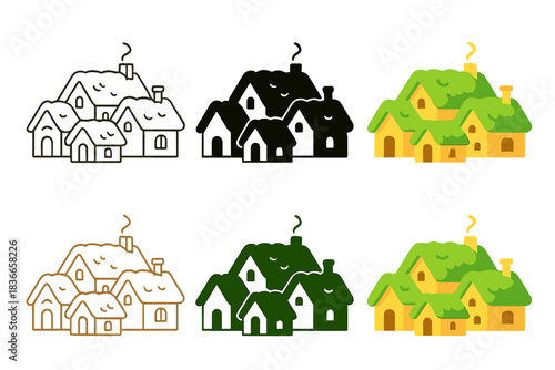 Mossy Roof Village. Mossy roof village with small clustered homes and tiny chimneys, minimal vector design, first in line style