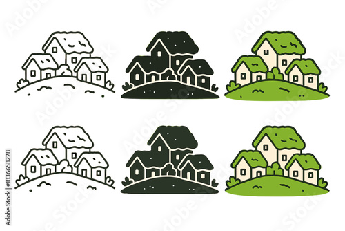 Mossy Cottage Designs. Tiny community of cottages with thick moss layers on rooftops, abstract minimal vector design, first in
