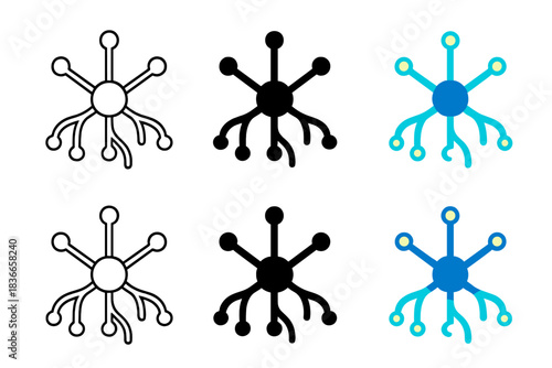 Neural Network Mycelium. Digital mycelium node with branching glowing filaments resembling neural network, clean minimal vector