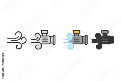 Pneumatic Device Icon. Floating mist being drawn into metallic pneumatic device, simple minimal vector icon, first in line style