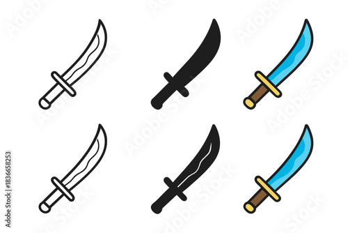 Stylized Sword Variations. Stylized sword showing temper line along cutting edge, clean geometric minimal icon, first in line