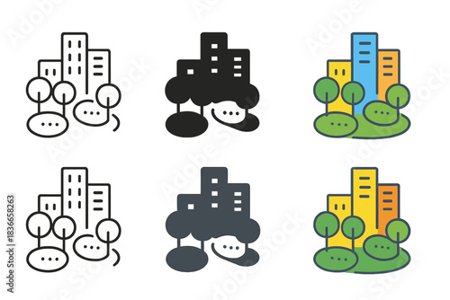 Urban Harmony Design. Mixed-use urban area with integrated parks and habitat nodes, clean geometric minimal icon, first in line