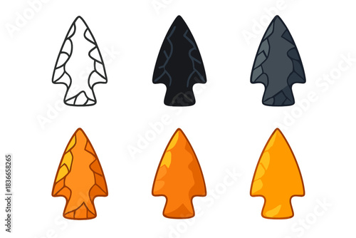 Volcanic Glass Arrowhead Icons. Arrowhead crafted from dark volcanic glass with sharp bevels, simple minimal vector icon, first in