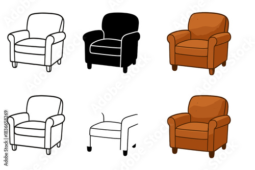 Stylish Leather Armchair. Comfortable leather armchair showing subtle wear and patina, abstract minimal vector design, first in