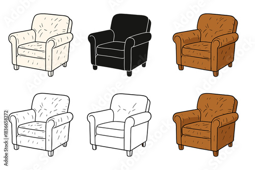 Stylized Leather Armchair. Classic armchair with soft aged leather and subtle creases on surface, minimal vector design, first in