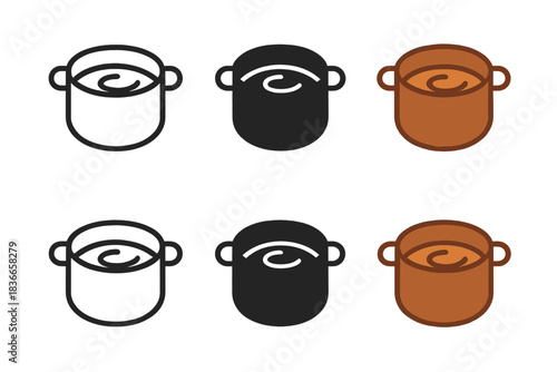 Copper Pot Icons. Warm copper pot with liquid swirling inside, simple minimal vector icon, first in line style with thin outline,