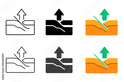 Tectonic Plates Icon Set. Cross-section of Earth's crust showing shifting tectonic plates, minimal vector icon, first in line