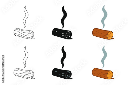 Artistic Smoke Variations. Thin wisp of smoke curling from burning apple wood log, gentle rising motion captured in clean organic