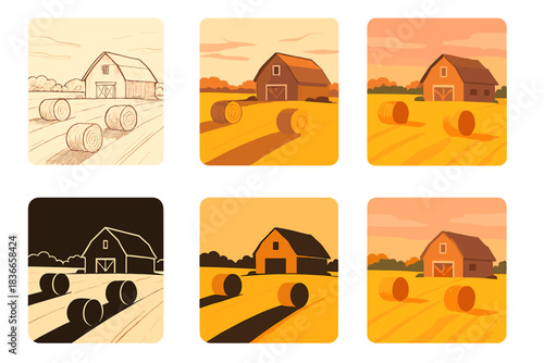 Barn Under Sunset. Barn and hay bales under pink-orange sky, long shadows stretching across field, serene balanced composition,