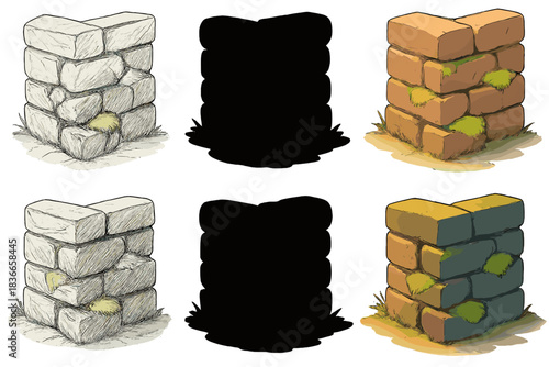 Ancient Stone Wall. Ancient wall corner with layered stones and moss tufts catching light, simple grounded composition, first in