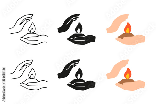 Caring Hands with Flame. Hands tending small peat flame, symbolic of care and continuity, simple human gesture rendered in clean