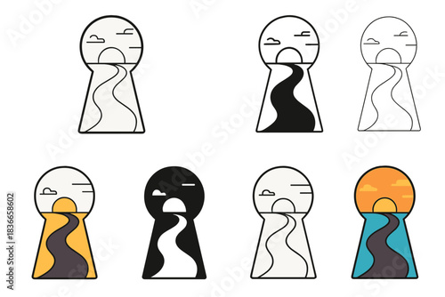 Sunset Through Keyhole. Sunset view seen through a keyhole at the end of a smooth curving road, minimal vector composition, first