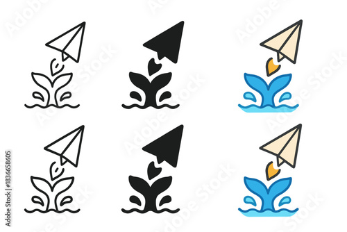 Rocket and Whale Icons. Paper rocket launching above a whale tail splash, simple clean vector icons, first in line style with thin